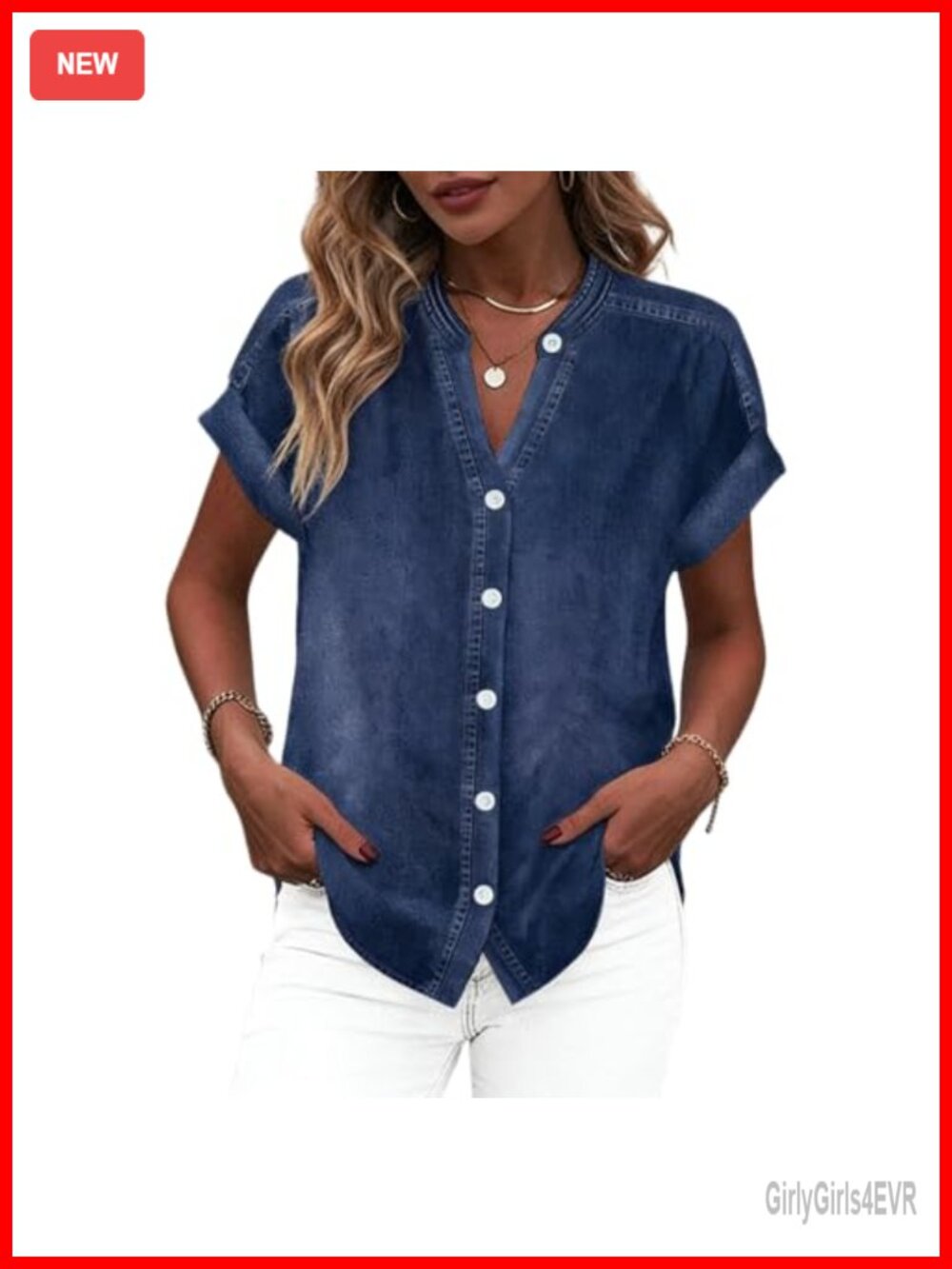 Womens Denim V Neck Button Down Short Sleeve Loose Fit Casual Top